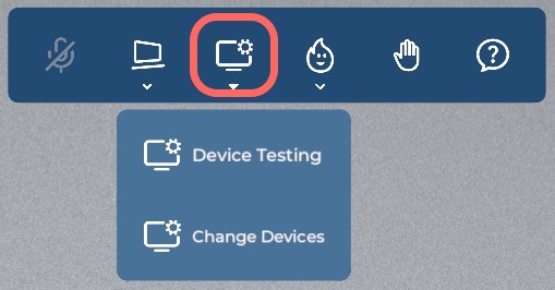 A closeup of the conference toolbar located at the top of the screen. The Device Options button has been clicked, revealing a drop-down menu containing two buttons - Device Testing and Change Devices.